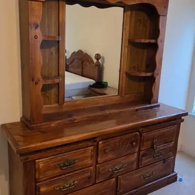 Rustic Pine Dresser With Matching Mirror Hutch- 2 Piece