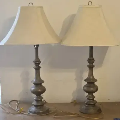 Pair of Vintage Table Lamps – Ornate Metal Finish with Cream Textured Shades