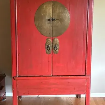 Chinese Red Lacquer Wedding Chest P