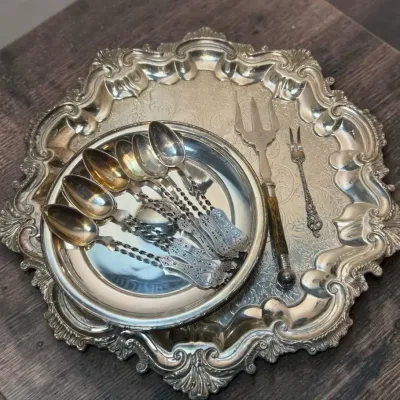 Marius Hammer Norwegian 830 Silver Spoons, Meat & Bread Forks, On Silver Footed Tray