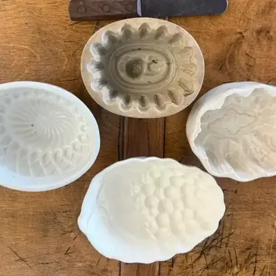 Variety Of Antique Victorian English Ironstone/ Stoneware Pudding Cake Molds&  Old Knives