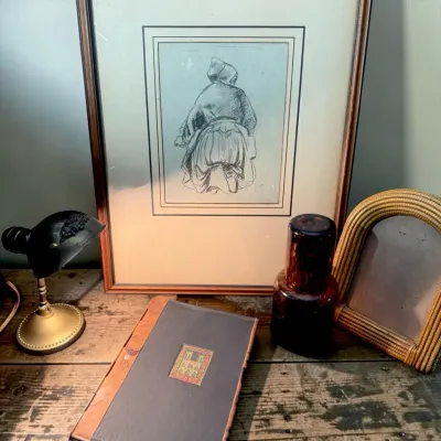 Framed Camille Pissarro Reprint, Tortoise Glass, Brass Wall Lamp & More