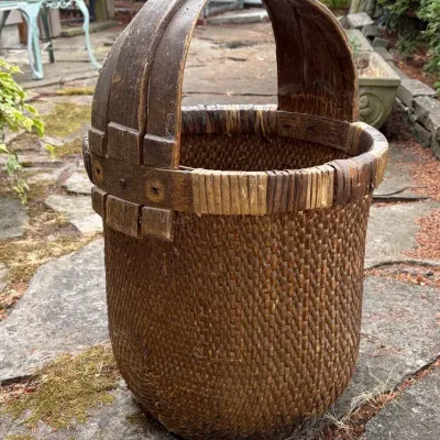 Antique Asian Harvest Basket Heavy Bentwood Handle Wooden Skids Farm Bucket 23"