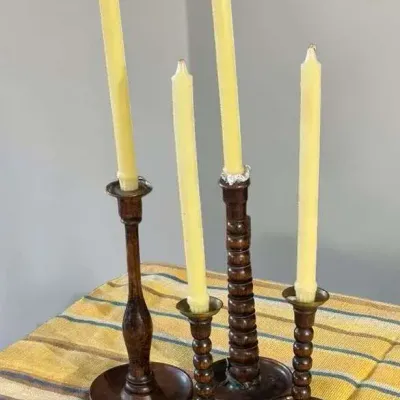 Turned wooden candlestick holders & cotton table cover