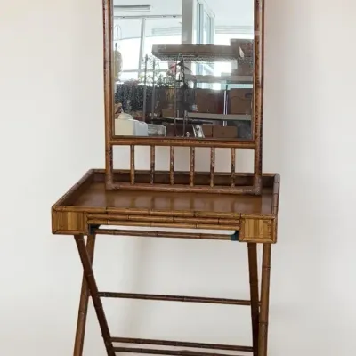 Antique Bamboo Mirror With Bird Motif, tray & Stand