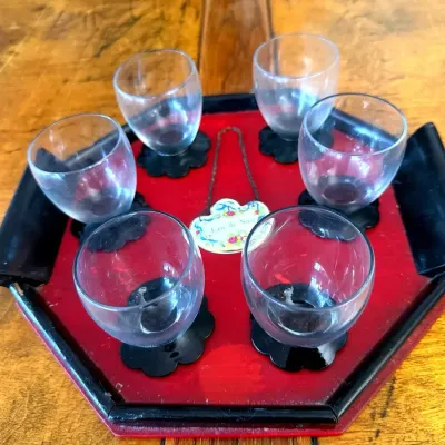 Weston Glass Lilly Pad Cordials, Coalport Porcelain Decanter Hanger,  & Tray