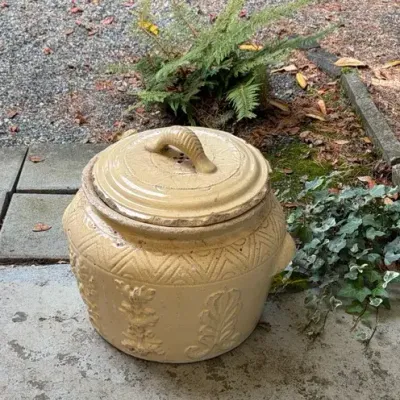 Antique French Confit Pot / French Yellowware Storage Jar w/ Lid