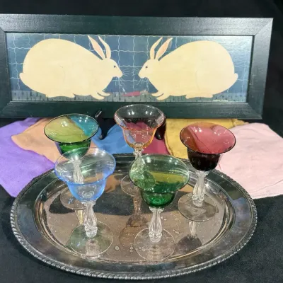 Glass Cordials, Artwork & Silver Tray