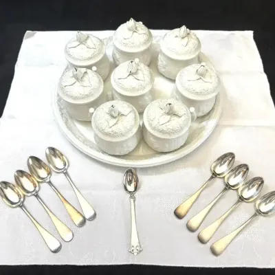 Mottahedeh Pont aux Choux White Creamware Pots de Creme Set & Platter