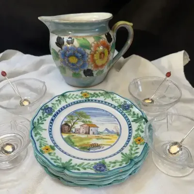 Italian Plates, Lusterware Pitcher, Small Spoons & Compotes