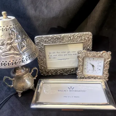 Wallace Silver Smith Frames, Silver Metal Desk Lamp & Clock