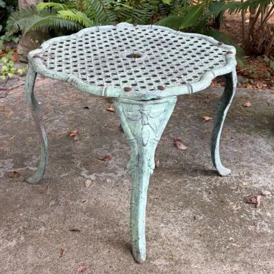 Cast Aluminum Patio Side Table Elephant Head Legs Cane Weave Top 16”