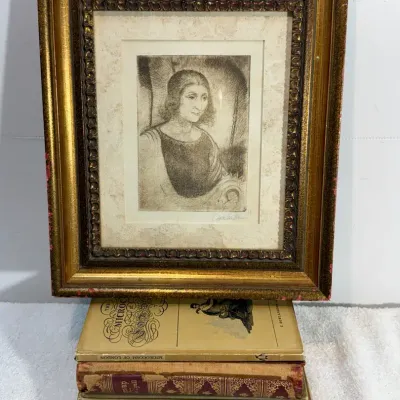 Artist Signed Etching & Antique Books