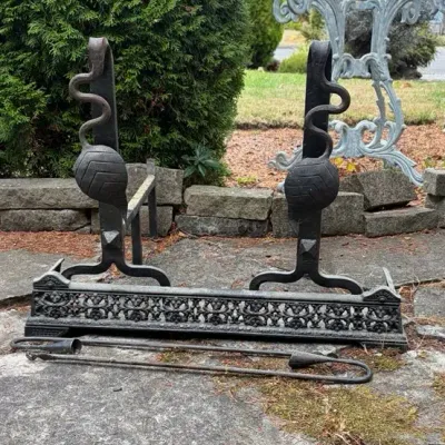 Antique Wrought Iron Flamingo Andirons Set Cast Iron Hearth Fender 
