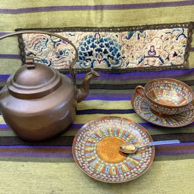 Copper Teapot, Hand Painted Thousand Faces Teacup/Saucer & Enameled Spoon