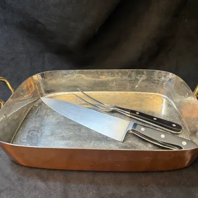 Copper Roasting Pan, Henckles Knife, & Dreizack (Wüsloff)Carving Fork