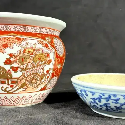 Blue On White Shallow Bowl & Gold Imari Hand Painted Flower Pot 