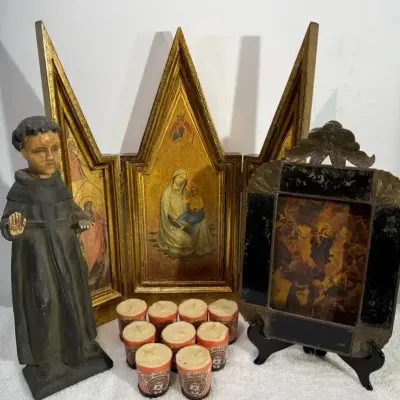 Vintage religious devotional items including Saint Anthony of Padua figurine