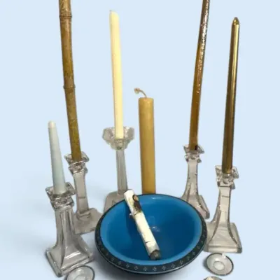 Azurite Bowl With Glass Candleholders