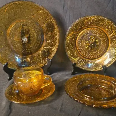 Vintage Tiara Amber Sandwich Glass 21-Piece Set With Original Boxes