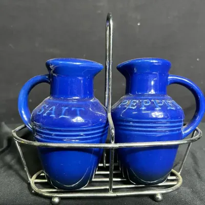 Le Creuset Cobalt Blue Salt & Pepper Shakers With Wire Caddy
