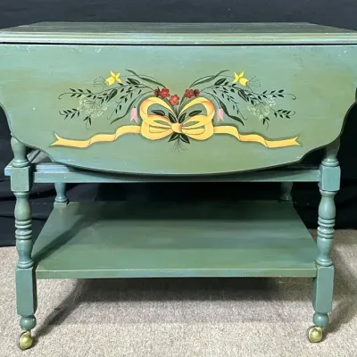 Hand-Painted Drop-Leaf Rolling Accent Table