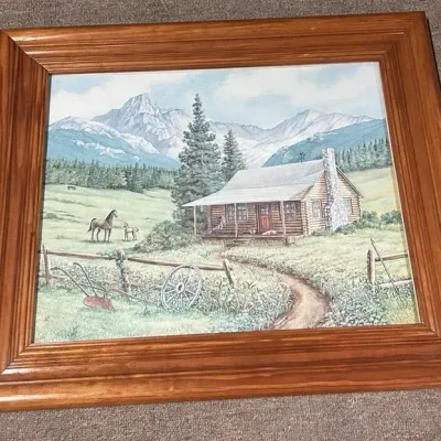 Framed Mountain Cabin Artwork With Pair of Brass-Tone Wall Sconces