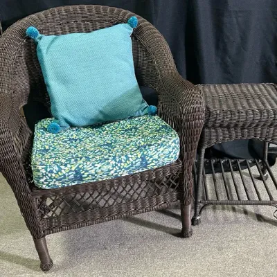Brown Wicker Chair, Side Table & Cushions
