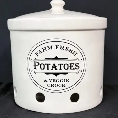 Farm Fresh Potatoes & Veggie Stoneware Storage Crock With Lid
