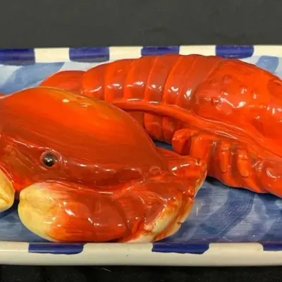 Lobster & Crab Salt and Pepper Shakers With Serving Plate