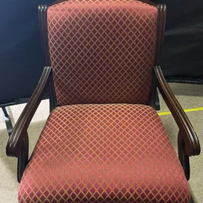 Traditional Upholstered Armchair, Burgundy & Gold Diamond Fabric, Carved Wood Frame