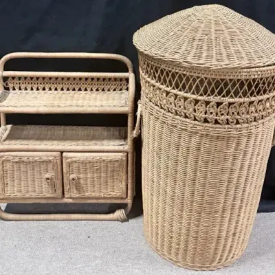 Vintage Boho Wicker Shelf Mirror And Laundry Basket 