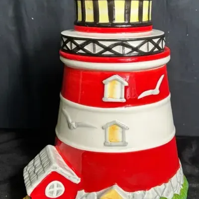 Red & White Lighthouse Cookie Jar