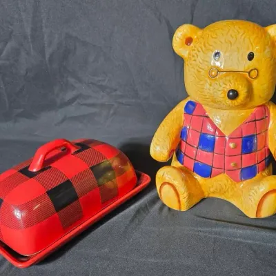 Ceramic Bear Cookie Jar &Plaid Butter Dish Set