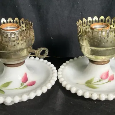 Pair of Vintage Milk Glass Boudoir Lamps With Rose Design
