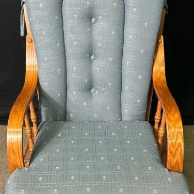 Wooden Glider Rocking Chair With Blue Cushions