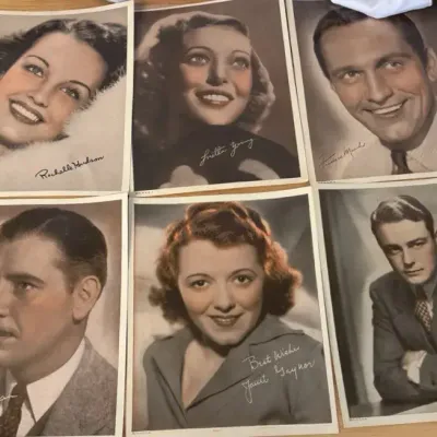 Vintage sepia-toned celebrity portrait photographs featuring 1930s Hollywood film stars and personal