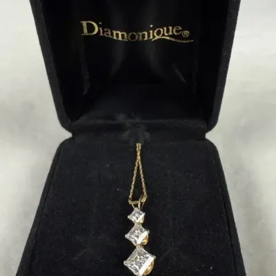 Diamonique three-stone pendant necklace in 14k gold with princess-cut simulated diamonds