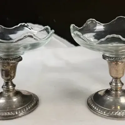 Vintage glass and weighted sterling silver pedestal compote dishes or candy bowls
