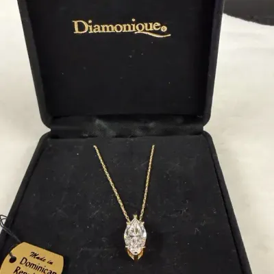 Vintage Diamonique marquise-cut solitaire pendant necklace set in solid 14K yellow gold