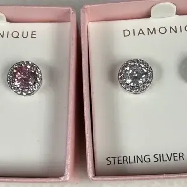 Diamonique sterling silver halo stud earrings with round cubic zirconia center stones in pink and cl