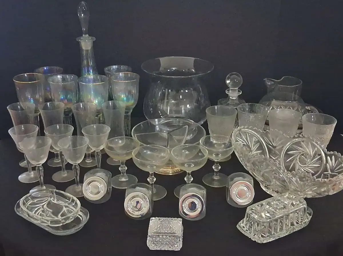 Cut Glass, Iridescent Stemware & Decanters
