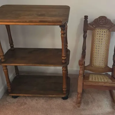 Child’s Cane Rocking Chair & Rolling Wood Cart