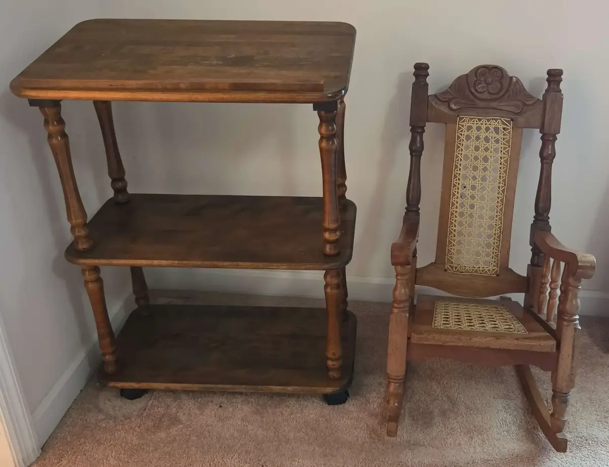 Child’s Cane Rocking Chair & Rolling Wood Cart