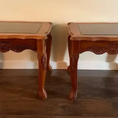 Carved Wood Glass-Top Side Tables