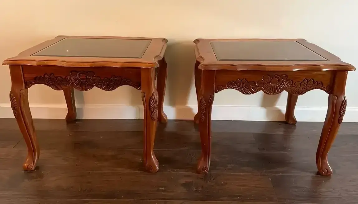 Carved Wood Glass-Top Side Tables