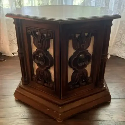 Carved Hexagon Storage End Table