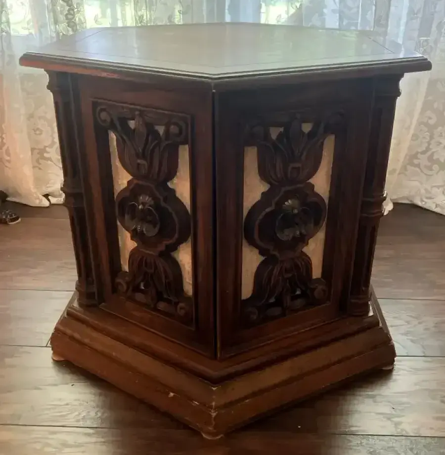 Carved Hexagon Storage End Table