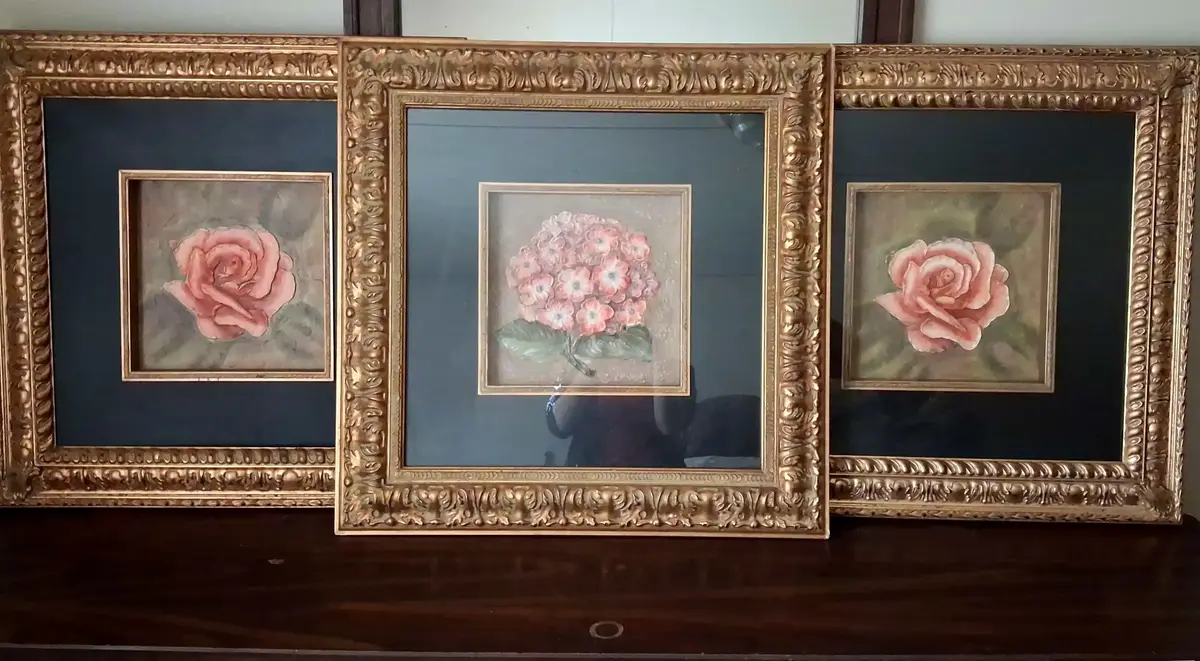 Textured Floral Paintings in Ornate Gold Frames