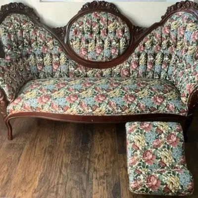 Victorian Style Mahogany Floral Parlor Sofa & Footrest